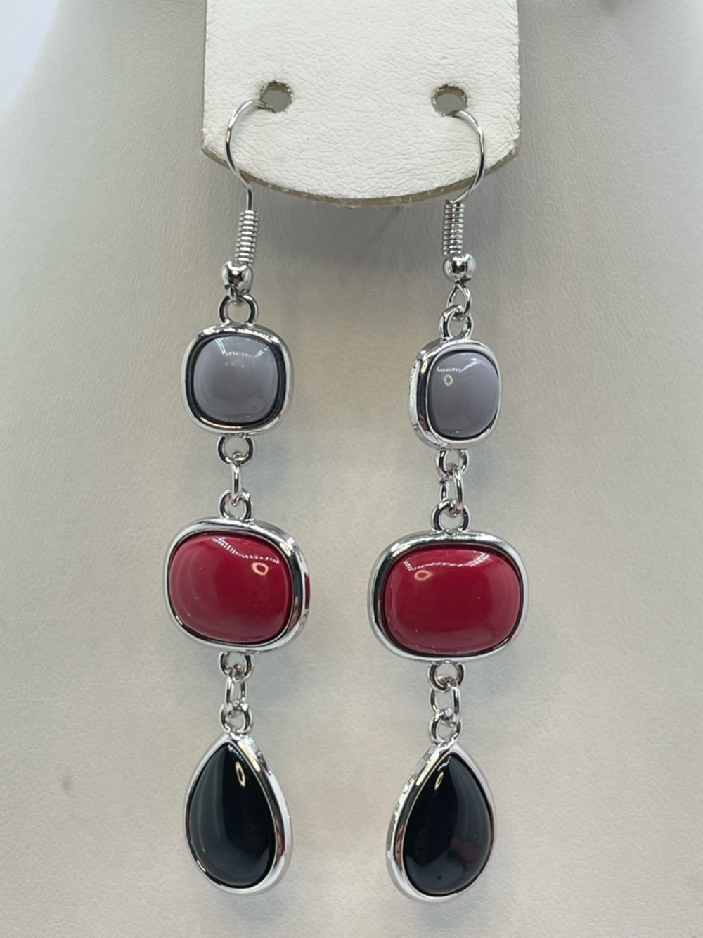 Silver Tone Acrylic Dangle Earrings Red Black Gray Geometric Drop New